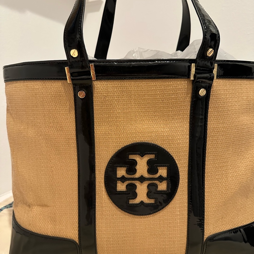 Tory Burch Black Patent Straw Bag